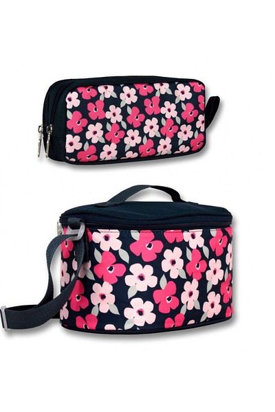 ÜMİT ÇANTA Ümit Bag Girl's Insulated Lunch Box and Pen Holder Set - Black Red Daisy