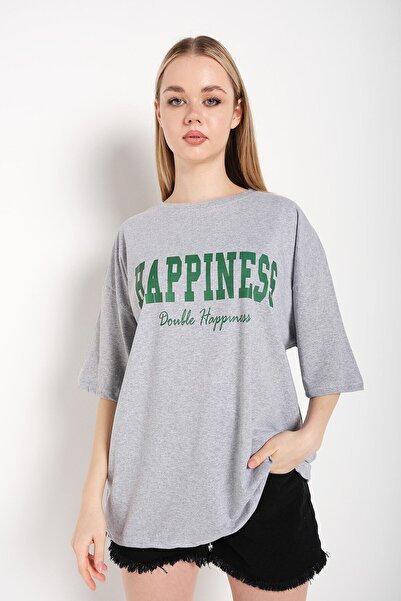 Tarzsokak Γυναικείο μπλουζάκι Oversize με στάμπα γκρι Happiness
