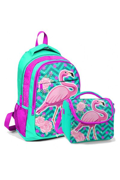 Coral High Rucsac de școală și geantă de prânz Flamingo verde pentru fete