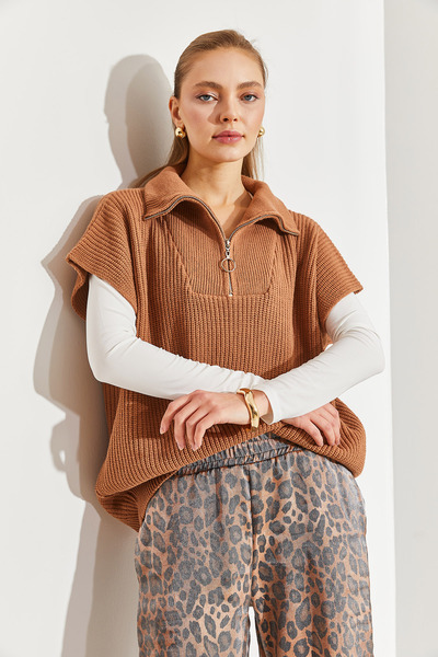 Bianco Lucci Dámský pletený svetr na zip s krátkým rukávem