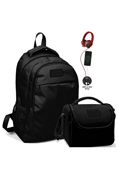 Coral High Okul Ve Beslenme Çantası Seti - Erkek Çocuk Siyah - Usb Soketli