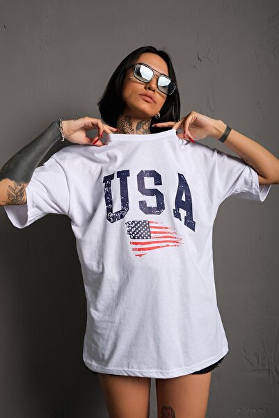 Tarzsokak Tricou oversize alb cu steagul SUA