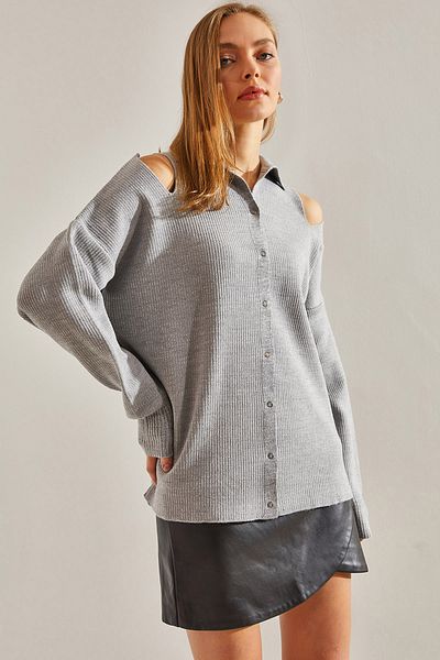 Bianco Lucci Women's Shoulder Low-cut Collar Knitwear Cardigan