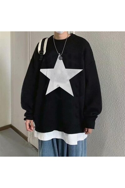 GOSSİP TEAM Star Oversize Unisex Black Sweater