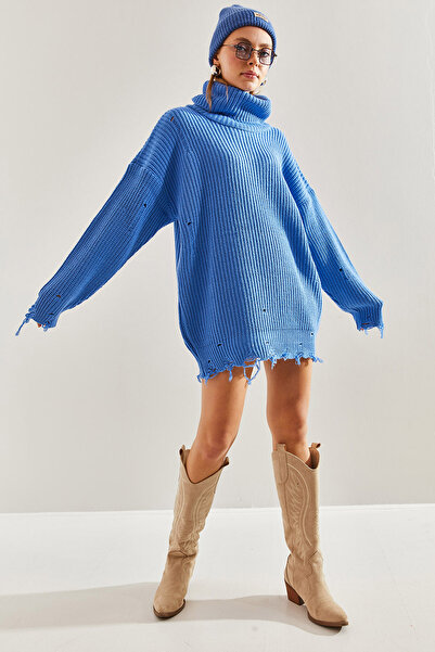 Bianco Lucci Women's Ripped Patterned Turtleneck Knitwear Sweater