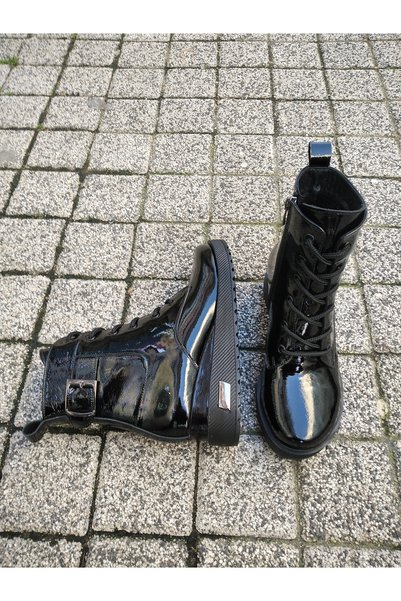 Shade ayakkabı Genuine Leather Black Patent Leather Wedge Heeled Women's Boots 184-836