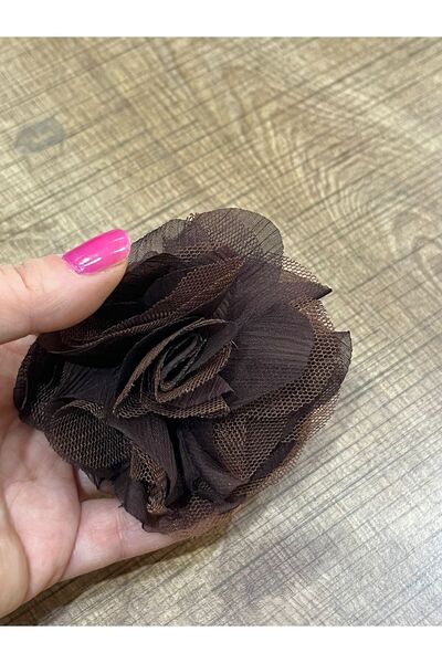 Gönülden Tasarım 10X10 CM TÜLLÜ KABARTMA TASARIM ÇİÇEK BROŞ YAKA İĞNESİ TÜRBAN İĞNESİ KAHVERENGİ