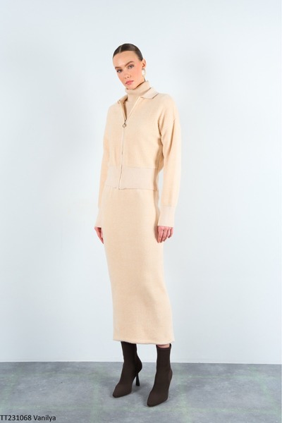 Lupies Women's Zippered Cardigan-Skirt Double Viscose Knitwear Set