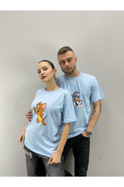 Yasolin Tricou unisex Baby Blue Tom și Jerry Imprimat Lover Couple Combinație...
