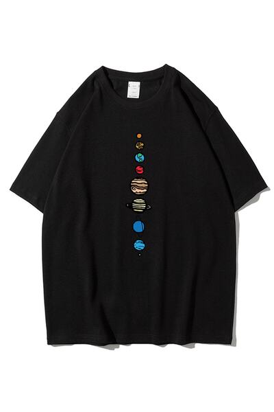 Adrift Unisex crna majica sa širokim izrezom i printom 9 planeta