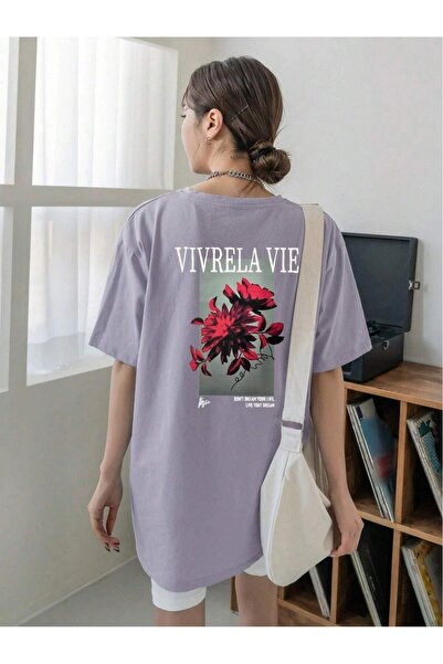 Yasolin Unisex Lila Vivre La Vie Štampano Oversize kroj okrugla kragna Pamučn...