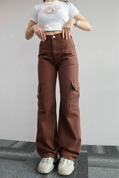 Livik Jenny γυναικείο καφέ Super ψηλόμεσο Colorfast Lycra Μοντέλο Cargo Jeans χωρίς τσέπη