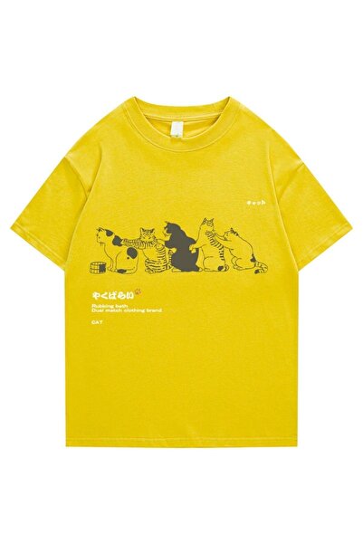 Adrift Muška žuta majica mačka Štampano Oversize kroj okrugla kragna