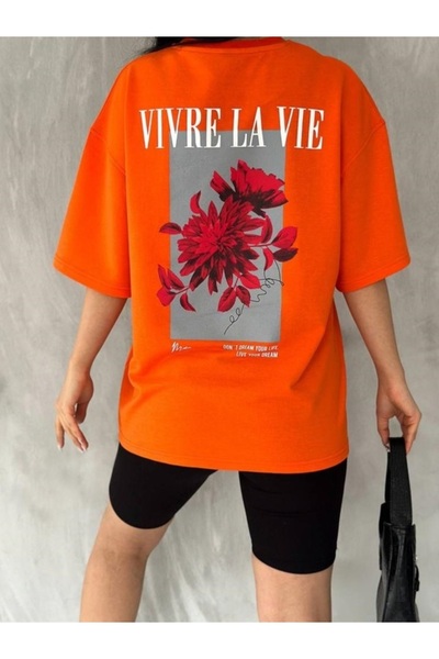 Yasolin Ženska narandžasta majica Vivre La Vie Štampano Oversize kroj okrugla...