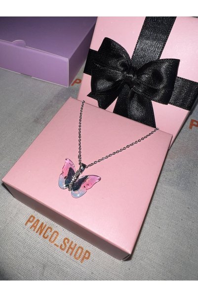 PANCO SHOP ACCESSORIES JEWELRY Denizde Duşta Kararmaz Özel üretim %100 Çelik Butterfly Kolye Barbie Kolyesi şık pink blue