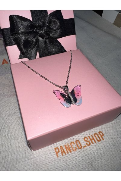 PANCO SHOP ACCESSORIES JEWELRY Denizde Duşta Kararmaz Özel üretim %100 Çelik Butterfly Kolye Barbie Kolyesi şık pink blue