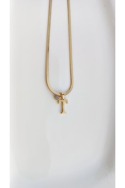 Tişt Accessory Women's Gold Italian Chain Zircon Stone T Letter Steel Necklace