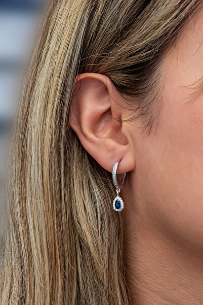 Nereze 925 Ayar Gümüş 15 Mm Halka Mavi Damla Taşlı Küpe