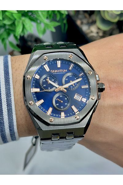 Quantum Quartz Calendar Steel Black Dial 10ATM Waterproof 45 mm Smoked Steel Men's Wrist Watch