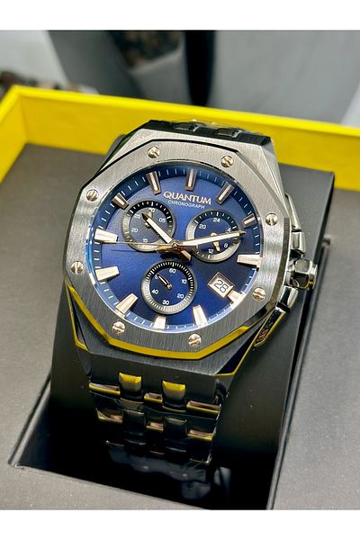 Quantum Quartz Calendar Steel Black Dial 10ATM Waterproof 45 mm Smoked Steel Men's Wrist Watch