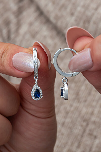 Nereze 925 Ayar Gümüş 15 Mm Halka Mavi Damla Taşlı Küpe