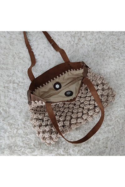 SuMavisi Deri Detaylı El Yapımı Makrome Bej Rengi Kol Çantası