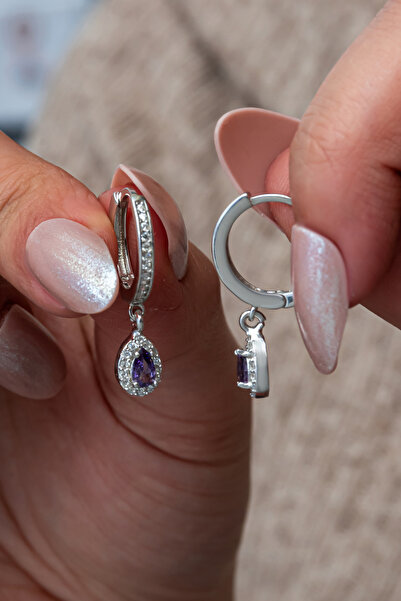 Nereze 925 Ayar Gümüş 15 Mm Halka Mor Damla Taşlı Küpe