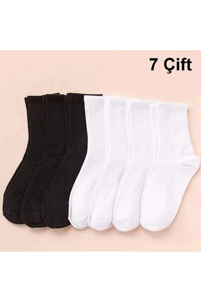 çorapmanya 7 Çift Kadın Siyah Beyaz Çizgisiz Kolej Tenis Çorap