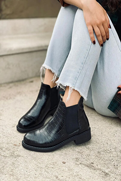 Rainon Store Black Leather Croquet Elastic Women's Boots