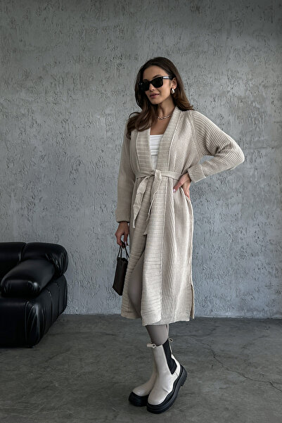 Nosia Shawl Collar Model Belted Long Knitwear Cardigan