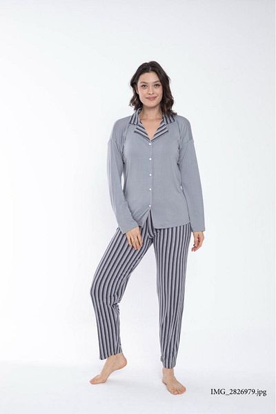 Pijamoni Silk Milan Elite - طقم بيجامة نسائي بأكمام طويلة وأزرار أمامية مصنوع من الخيزران والفيسكوز