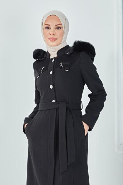 Wazze Seyyar Kapüşonlu Önü Düğme Kapamalı Süs Fermuarlı Manto