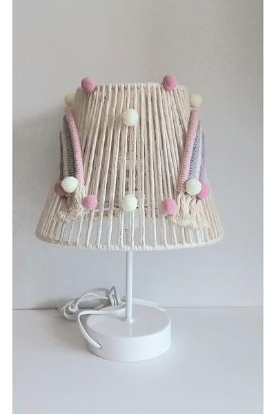 C&A&B KUZEY AVİZE Macrame Rope Wrap - Baby Girl and Children's Room Lampshade with Colorful Flower Pompom and Applique