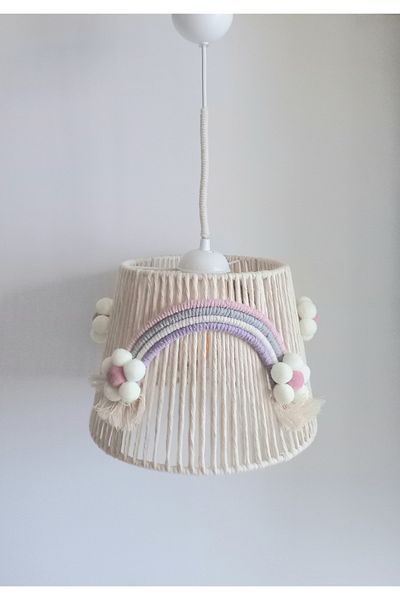 C&A&B KUZEY AVİZE Ecru Macrame Rope Wrap - Flower Applique Pompom Baby Girl's Room Pendant Lamp Chandelier