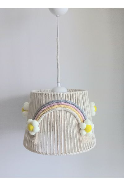 C&A&B KUZEY AVİZE Ekru Macrame Rope Wrap - Yellow Flower Patterned Pompom Baby Girl and Girl's Room Pendant Lamp Chandelier