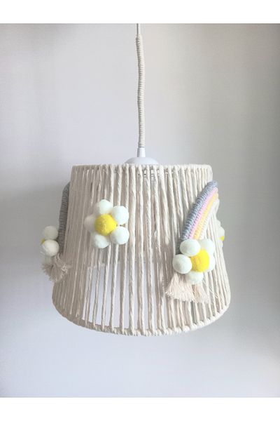 C&A&B KUZEY AVİZE Ekru Macrame Rope Wrap - Yellow Flower Patterned Pompom Baby Girl and Girl's Room Pendant Lamp Chandelier