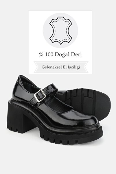 TUNAELLİ Women's Black Patent Leather Genuine Leather Thick Heeled Banded Shoes