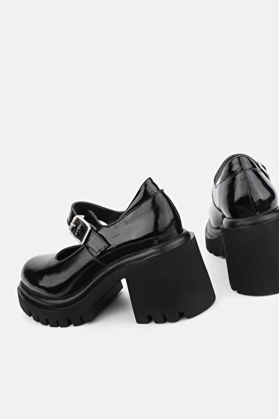 TUNAELLİ Women's Black Patent Leather Genuine Leather Thick Heeled Banded Shoes