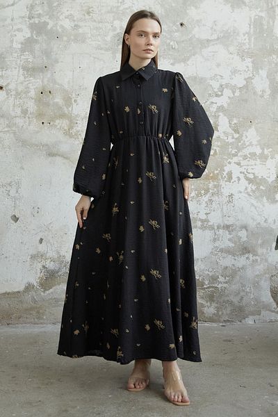 InStyle Belted Embroidered Dress - Black