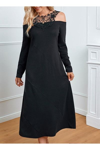 JANES Rochie midi din viscoză cu decolteu Madonna - Design cu mâneci lungi și dantelă în față