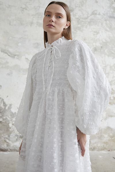 InStyle Rochie cu mânecă cu balon cu guler legat - albă