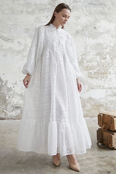 InStyle Rochie cu mânecă cu balon cu guler legat - albă
