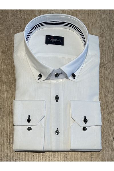 Daniel Bessi Long Sleeve Regular Fit Garnished White Cotton Men's Shirt with Pockets
