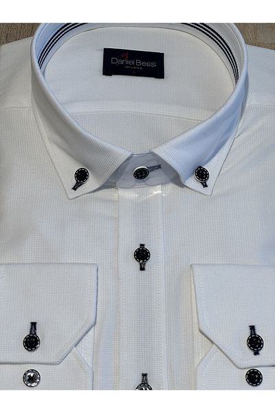 Daniel Bessi Long Sleeve Regular Fit Garnished White Cotton Men's Shirt with Pockets