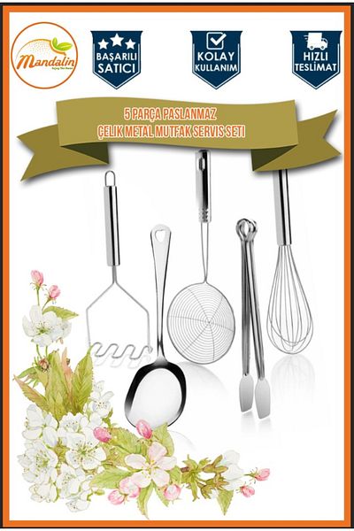 mandalin reklam Tangerine5 Pieces Stainless Steel Metal Kitchen Serving Set Set Spoon Beater Tongs Potato Masher Colander