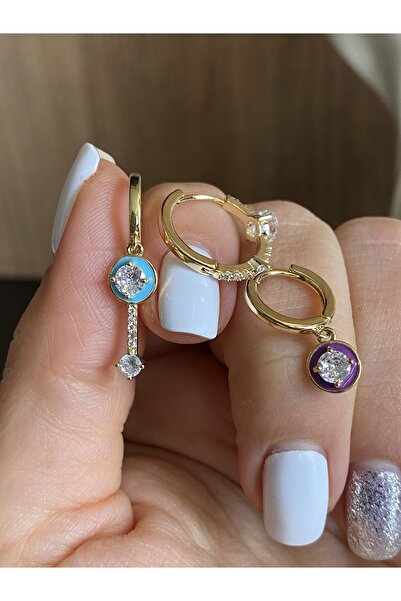 Lucios مجموعة أقراط مركبة مكونة من 3 قطع بحلقة مرصعة بالأحجار الملونة