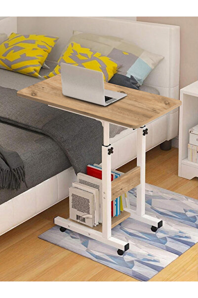 servetavcı Yükseklik Ayarlı Yatak Sehpası - Atlantik Çam Beyaz (TEKERLİ) 70x40 Oval Kenar