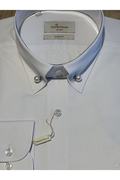Daniel Bessi Ανδρικό πουκάμισο με μακρύ μανίκι Slim Fit Collar Needle White Cotton