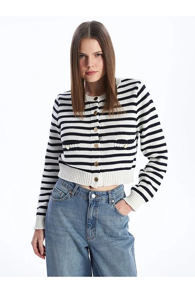 LC Waikiki XSIDE Crew Neck Striped Long Sleeve Women's Knitwear Cardigan