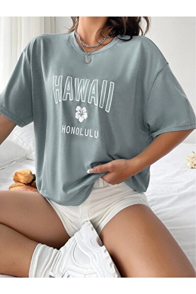 Adrift Ženska svetloplava majica Hawaii Honolulu Štampano Oversize kroj okrug...